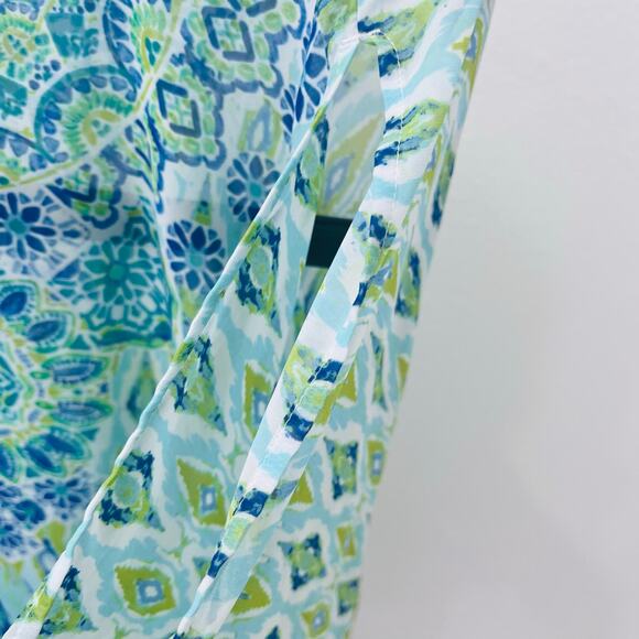 Susan Graver Sheer Chiffon Tunic Top Size L Blue Green Ikat Geometric V-Neck - Picture 7 of 8